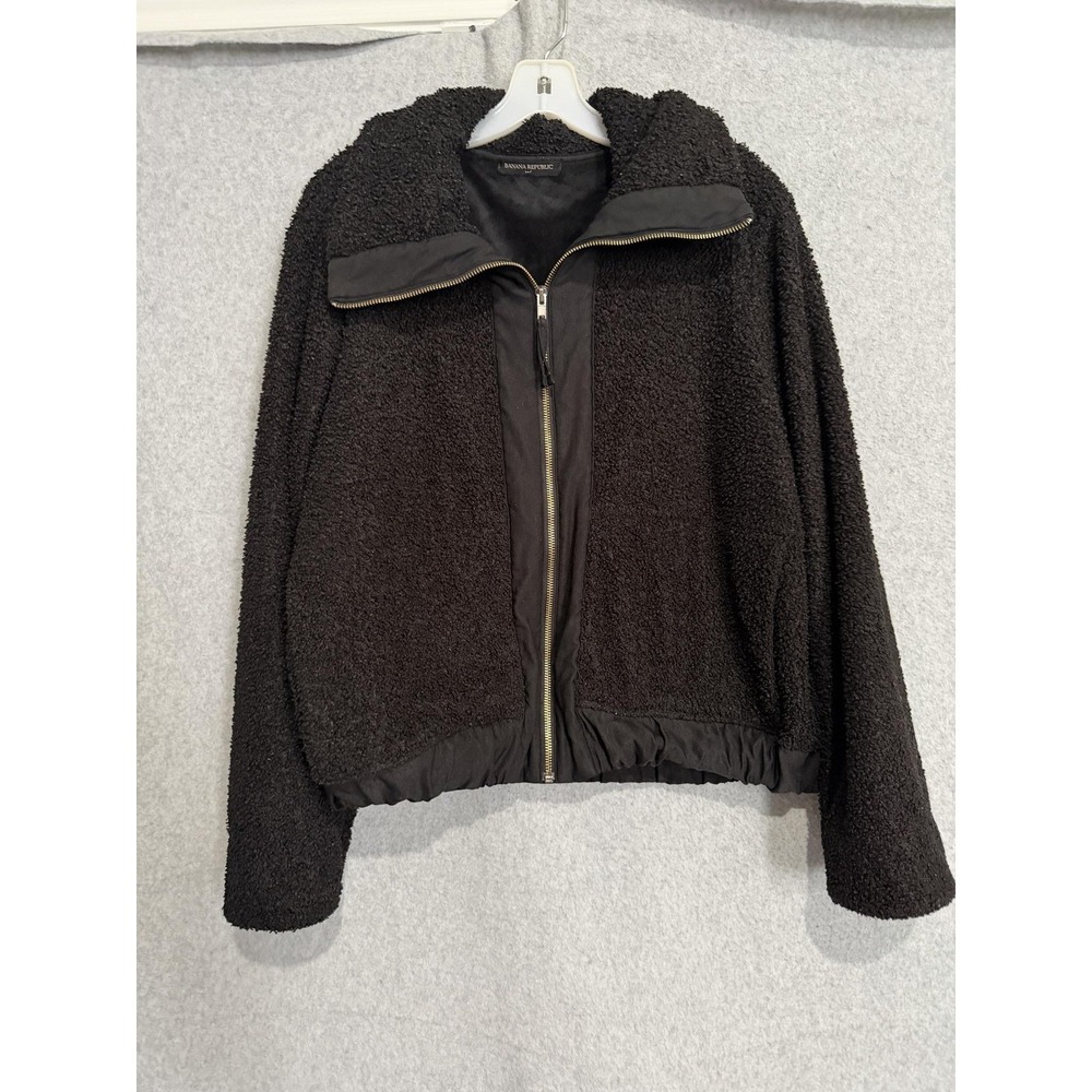 Banana‎ Republic Jacket Womens L Black Sherpa Fleece Hooded Full Zip Pockets